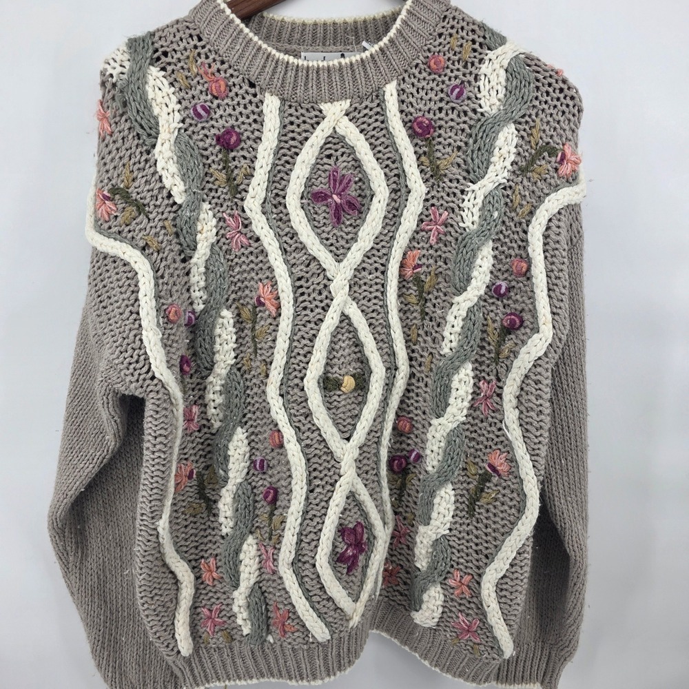 By Design Vintage Floral Embroidered Cable Knit Sweater Gray Pink Large Grandma